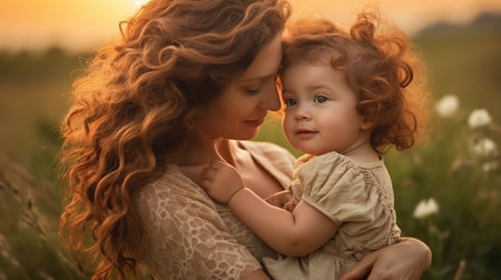 Beautiful mother with her daughter in the field at sunset. Happy family.の素材