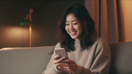 Happy asian woman using smartphone on sofa in living room at homeの素材