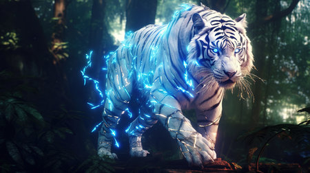 White tiger with blue neon light in the forest. 3d renderingの素材