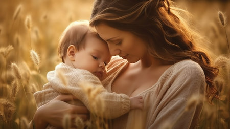 Happy mother and daughter in wheat field at sunset. Motherhood conceptの素材