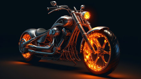 3D rendering of a classic custom motorcycle in orange neon light.の素材