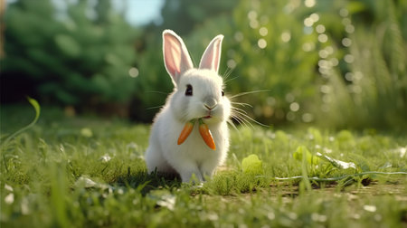Cute white rabbit with carrot on green grass in the garden.の素材