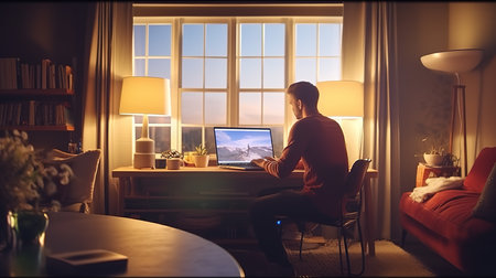 Young man working at home with a laptop, sitting at a desk in front of a window.の素材