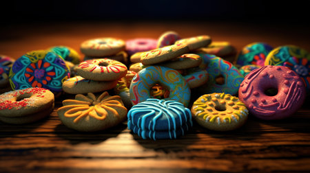 Colorful cookies on a wooden table. Toned image. Selective focus.の素材