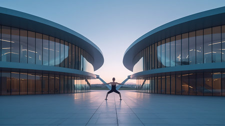 Man dancing in front of a modern building. 3D rendering.の素材