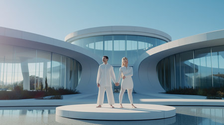 Businessman and businesswoman standing on podium in front of modern office buildingの素材