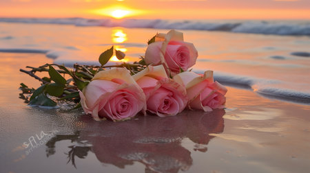 Pink and white roses on the beach with a beautiful sunset in the backgroundの素材