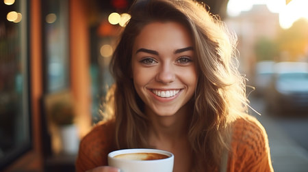 Close up portrait of beautiful young woman with cup of coffee in cafeの素材