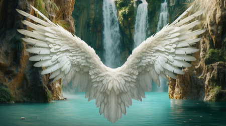 3d rendering of white angel wings on the background of a waterfallの素材