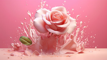 3d illustration of pink rose and water splash on pink background.の素材