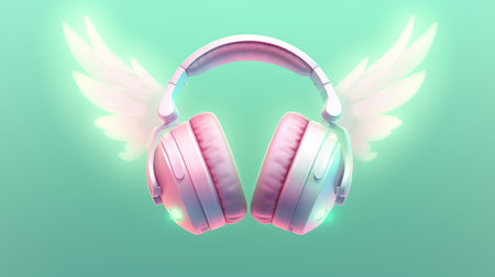 Pink headphones with wings on a green background. 3d rendering.の素材