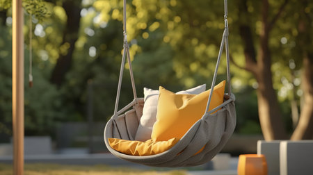 Hanging hammock with pillows in park. 3d renderingの素材