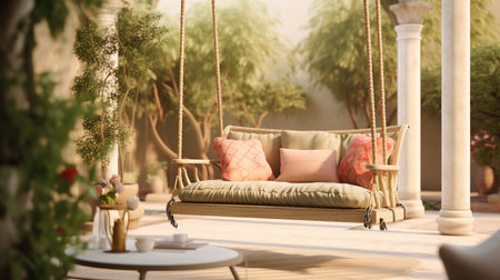 Swing on the terrace in the garden. 3d renderingの素材