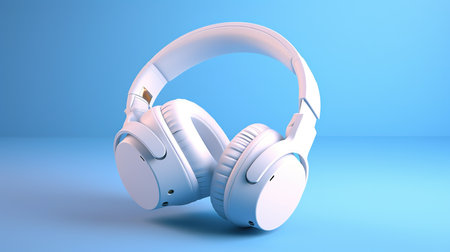 White headphones on blue background. 3D illustration. 3D rendering.の素材