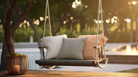 Wooden swing with pillows in the garden. 3d renderingの素材