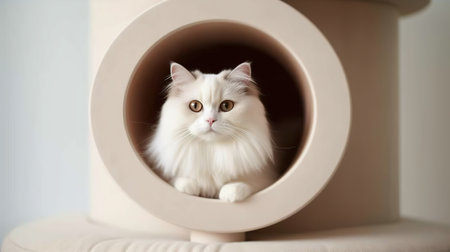 White persian cat looking out of a round hole in the wallの素材