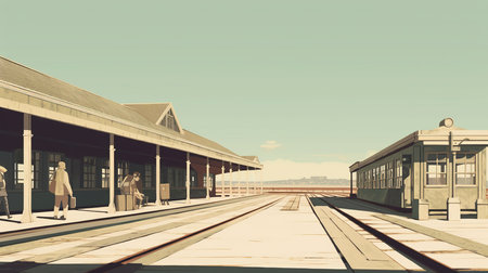 Railway station with people and train in retro style. 3d renderingの素材