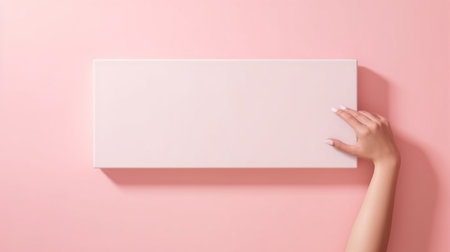 Top view of female hand holding blank white signboard on pink backgroundの素材