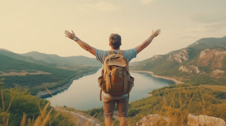 Hike in the mountains. A man with a backpack stands on top of a mountain and enjoys the view.の素材