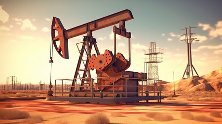 Oil pumps in the desert at sunset. 3d render image.の素材