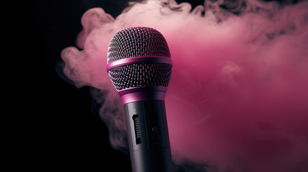 Microphone on a black background with pink smoke, close-upの素材