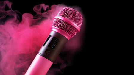 Microphone with pink smoke on a black background. 3d renderingの素材