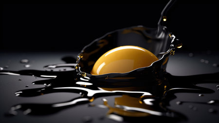 Splash of water and yellow egg on black background. 3d renderingの素材