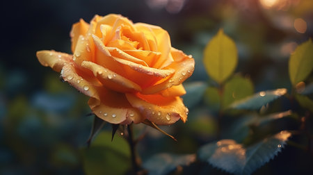 Beautiful orange rose with dew drops in the morning light.の素材