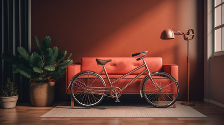 Modern living room interior with a red sofa and a bicycle. 3D Renderingの素材