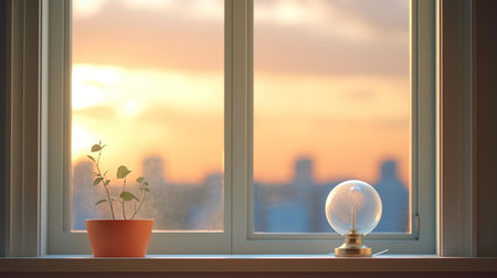 Glass ball with a plant on the windowsill. 3d renderの素材