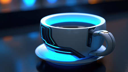 Coffee cup with blue neon light. 3D illustration.の素材