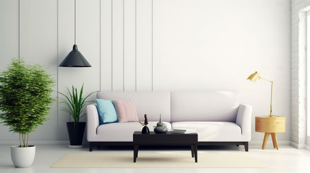 Interior design modern bright room with white sofa 3d Illustrationの素材