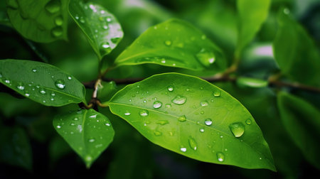 Water droplets on green leaves after rain. Shallow depth of field.の素材