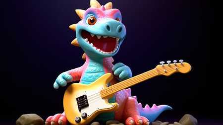 3d illustration of a toy dinosaur with a guitar on a dark backgroundの素材