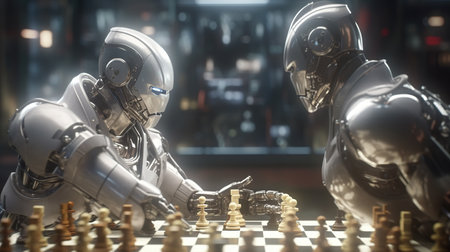 Two robots playing chess on a chessboard. 3d rendering.の素材