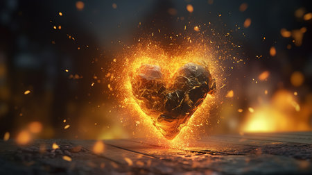 Burning heart on a wooden table. 3d rendering toned imageの素材