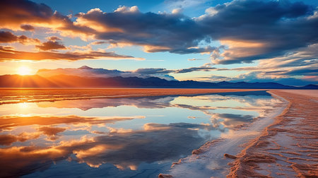 Sunset over the Salt Lake in the Uyuni Salt Flats, Boliviaの素材