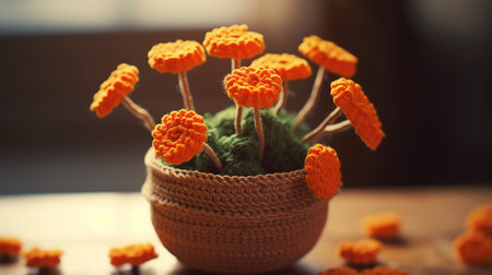 Orange artificial flowers in a pot on a wooden table, selective focusの素材