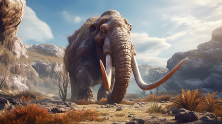 3d render of mammoth in the desert. 3d illustration.の素材