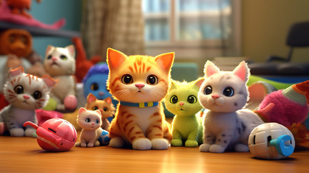 Group of cute cats playing with toys on the floor in the roomの素材