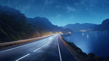 Night view of the road through the mountains and the sea with starsの素材