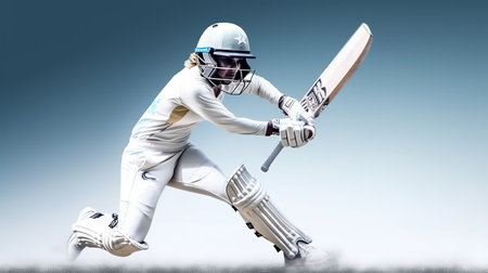Cricket player in action against composite image of cricket pitch with blue skyの素材