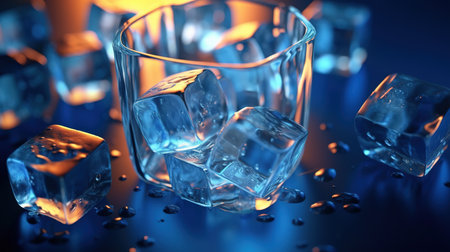 Ice cubes in a glass on a blue background. 3d renderingの素材