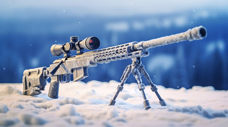 Sniper rifle in the snow. 3d illustration. Selective focus.の素材