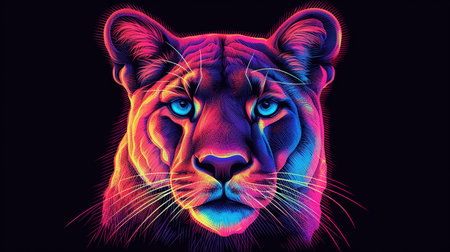 Tiger head with colorful neon effect on black background. 3D renderingの素材