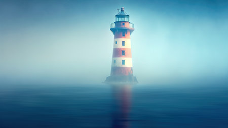 Lighthouse in the fog. Conceptual image of a lighthouse.の素材