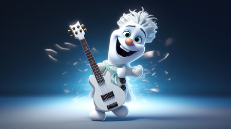 Cartoon snowman with electric guitar, 3d render illustration.の素材