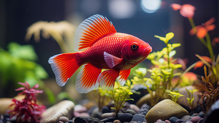 Red fish in aquarium with green plants and stones. Shallow depth of field.の素材