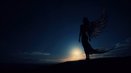 Fantasy image of a woman with wings against the background of the rising sunの素材