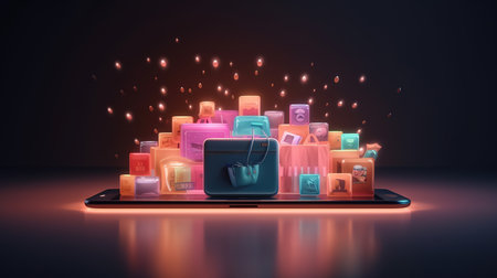 3D rendering of a mobile phone with a suitcase on the screenの素材